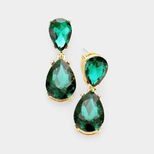 Emerald Green Crystal Double Teardrop Gold Earring